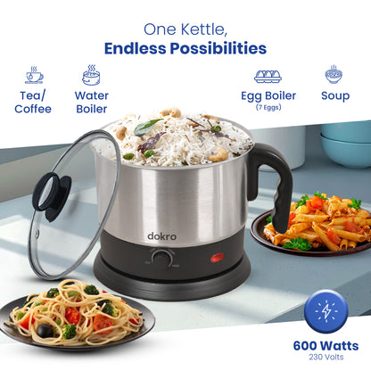 Dokro Electric Multipurpose Kettle (1.5 Litres), 600W, Stainless Steel body with Automatic Shut-off