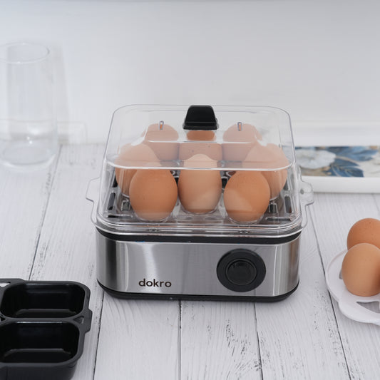 Dokro Electric 2-in-1 Egg Boiler and Poacher| Boil 8 Eggs/Poach 4 Eggs | 3 Boiling Modes (Soft, Medium, Hard) | Stainless Steel Body & Heating Plate | Automatic Shut-Off | Transparent Lid, Silver Grey