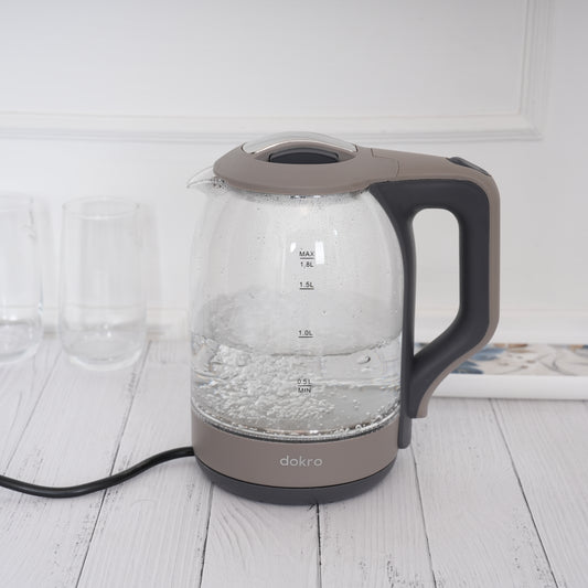 Dokro 1.8L Electric Glass Kettle  | 100% Borosilicate Glass Body with Locking Lid, 360° Swivel Base, Concealed Element for faster heating, Auto Shut-Off, Shock & Rust Proof Electric Kettle