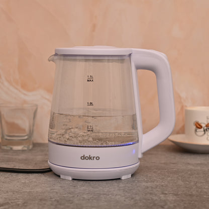 Dokro 1.8L Electric Glass Kettle  | Borosilicate Glass Body with Locking Lid, 360° Swivel Base, Concealed Element for fast heating, Auto Shut-Off, Shock & Rust Proof, cord free usage