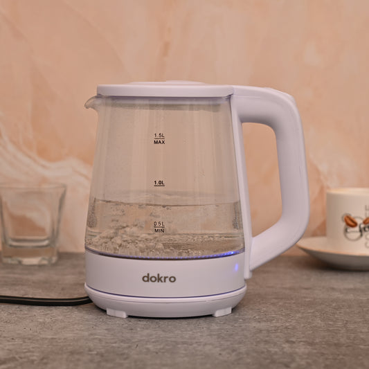 Dokro 1.8L Electric Glass Kettle  | Borosilicate Glass Body with Locking Lid, 360° Swivel Base, Concealed Element for fast heating, Auto Shut-Off, Shock & Rust Proof, cord free usage