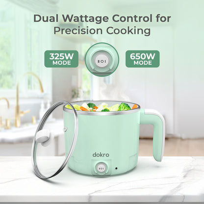 Dokro Multi-Cook Electric Kettle (1.2Liters) | Dual Power Modes 325W & 650W | Includes 7-Egg Tray & Steamer Bowl | SUS 304 Steel Body | Auto Overheat Cut-Off | Ideal for Boiling, Steaming & Quick Meals