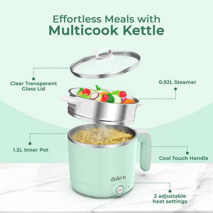 Dokro Multi-Cook Electric Kettle (1.2Liters) | Dual Power Modes 325W & 650W | Includes 7-Egg Tray & Steamer Bowl | SUS 304 Steel Body | Auto Overheat Cut-Off | Ideal for Boiling, Steaming & Quick Meals