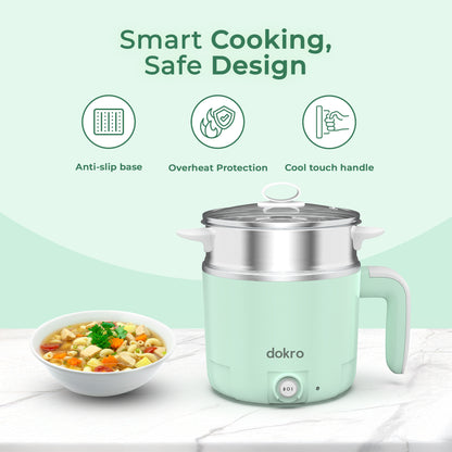 Dokro Multi-Cook Electric Kettle (1.2Liters) | Dual Power Modes 325W & 650W | Includes 7-Egg Tray & Steamer Bowl | SUS 304 Steel Body | Auto Overheat Cut-Off | Ideal for Boiling, Steaming & Quick Meals