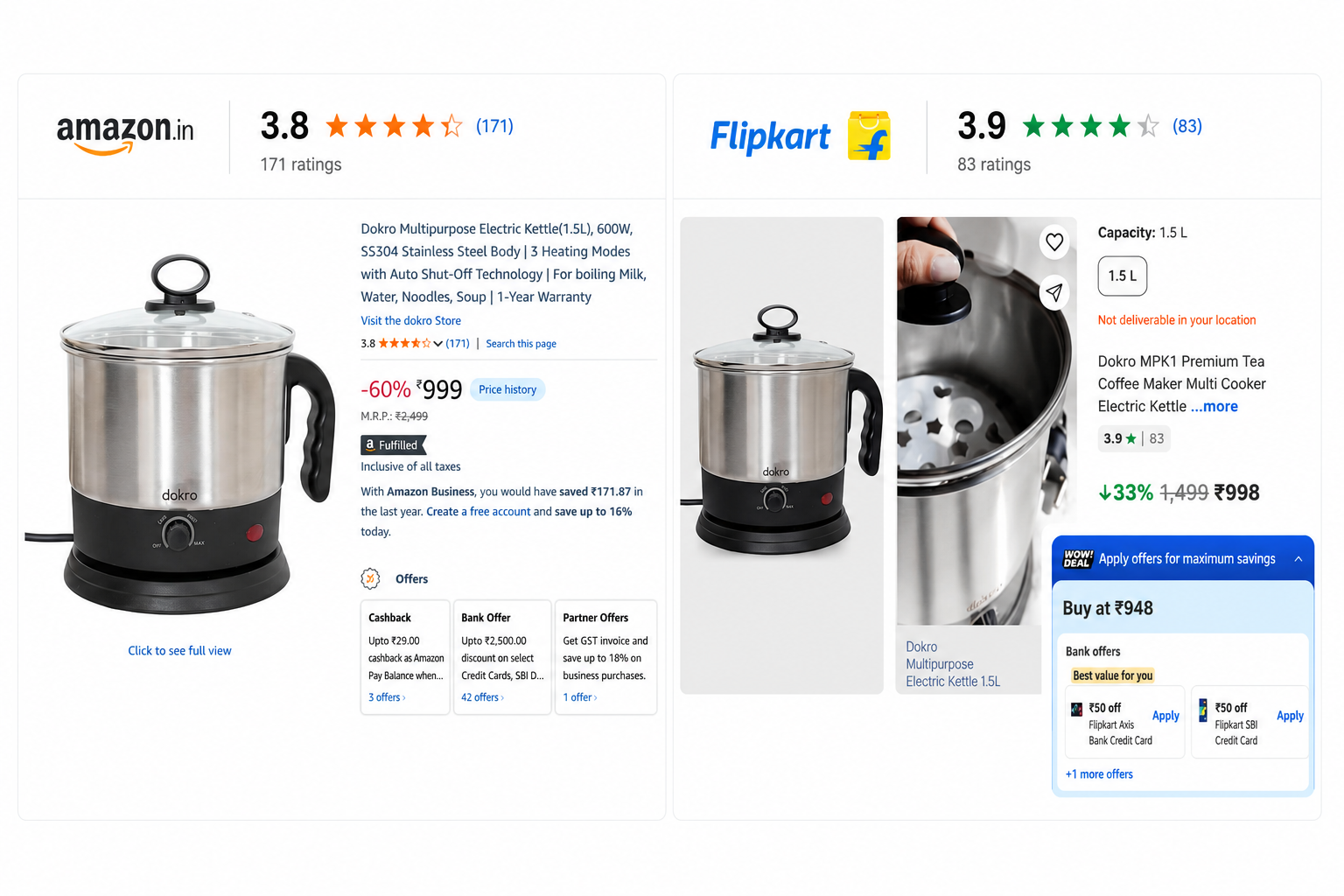 Dokro Electric Multipurpose Kettle (1.5 Litres), 600W, Stainless Steel body with Automatic Shut-off