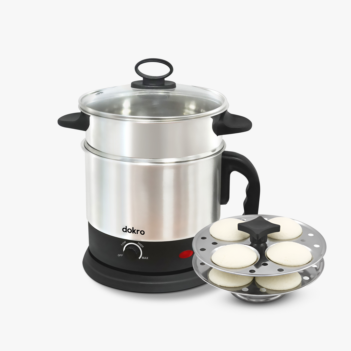 Dokro Multipurpose Electric Kettle with Steamer and Idli Tray(1.5Lt.) | Fast heating with 600W Power | Automatic shut-off | 360° Swivel Base | LED Indicator