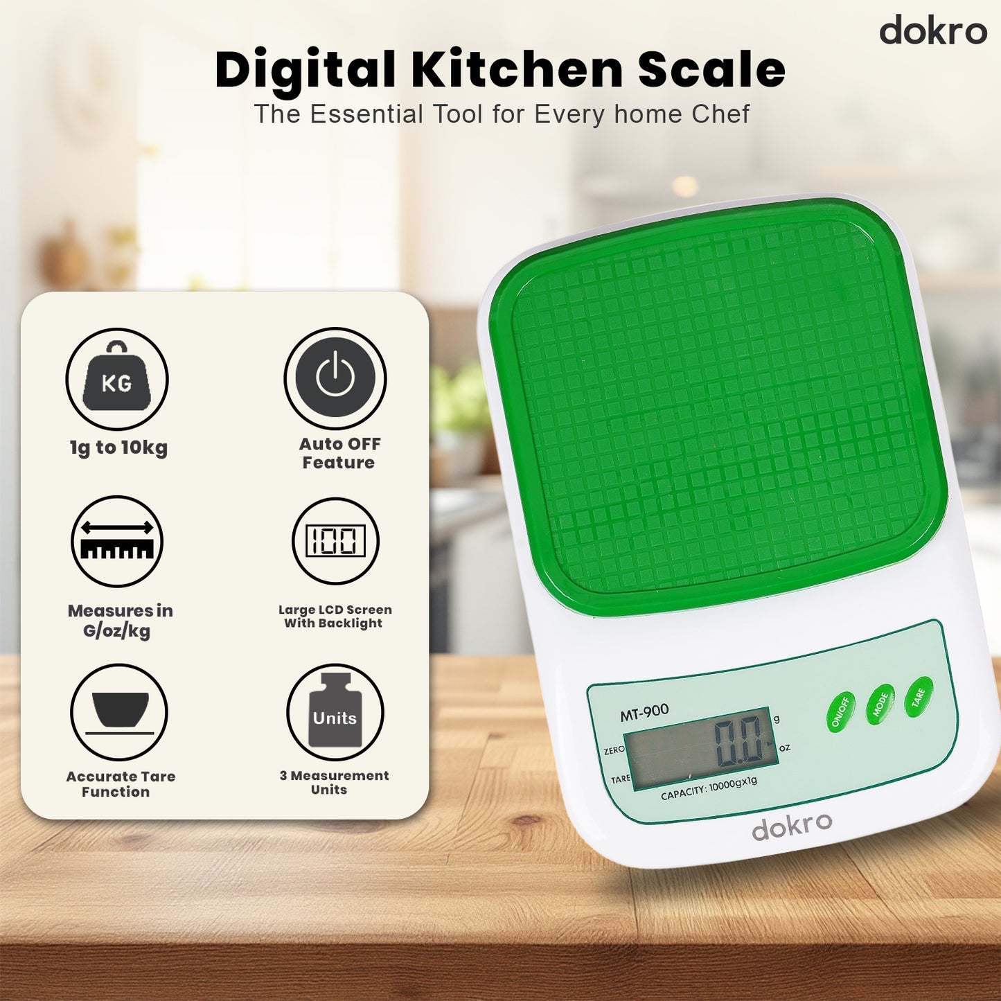 Portable Digital Weighing Scale for Kitchen | Electronic Weighing Scale With Back light LCD Display and high precision sensors | Range of 1g-10 kg (Green) | Includes 2 AAA batteries