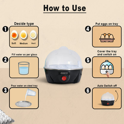 Dokro Electric Egg Boiler | 3 Boiling Modes (Soft, Medium, Hard) | Automatic Operation | Overheat Protection| 75ml | Plastic| Black | Includes measuring cup