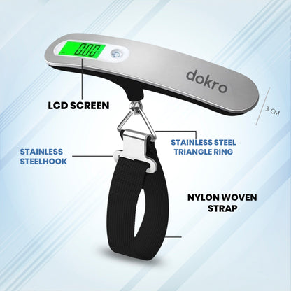 Dokro Digital Weighing Scale for Luggage, Portable Luggage Weighing Scale with Capacity upto 50 kg | Luggage Scale for Home, Travel, Flights, Bags and Baggage | Steel Body (Silver)