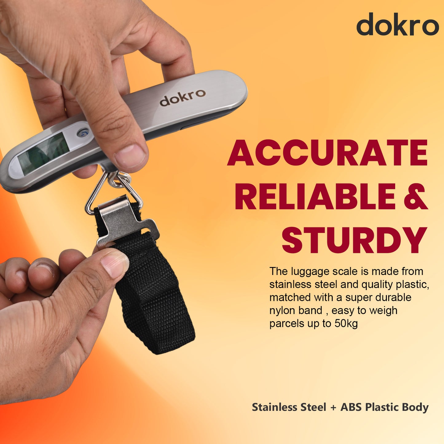 Dokro Digital Weighing Scale for Luggage, Portable Luggage Weighing Scale with Capacity upto 50 kg | Luggage Scale for Home, Travel, Flights, Bags and Baggage | Steel Body (Silver)