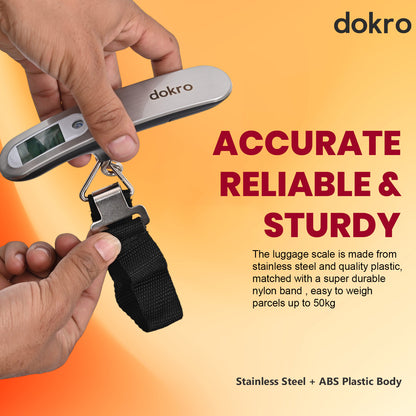 Dokro Digital Weighing Scale for Luggage, Portable Luggage Weighing Scale with Capacity upto 50 kg | Luggage Scale for Home, Travel, Flights, Bags and Baggage | Steel Body (Silver)