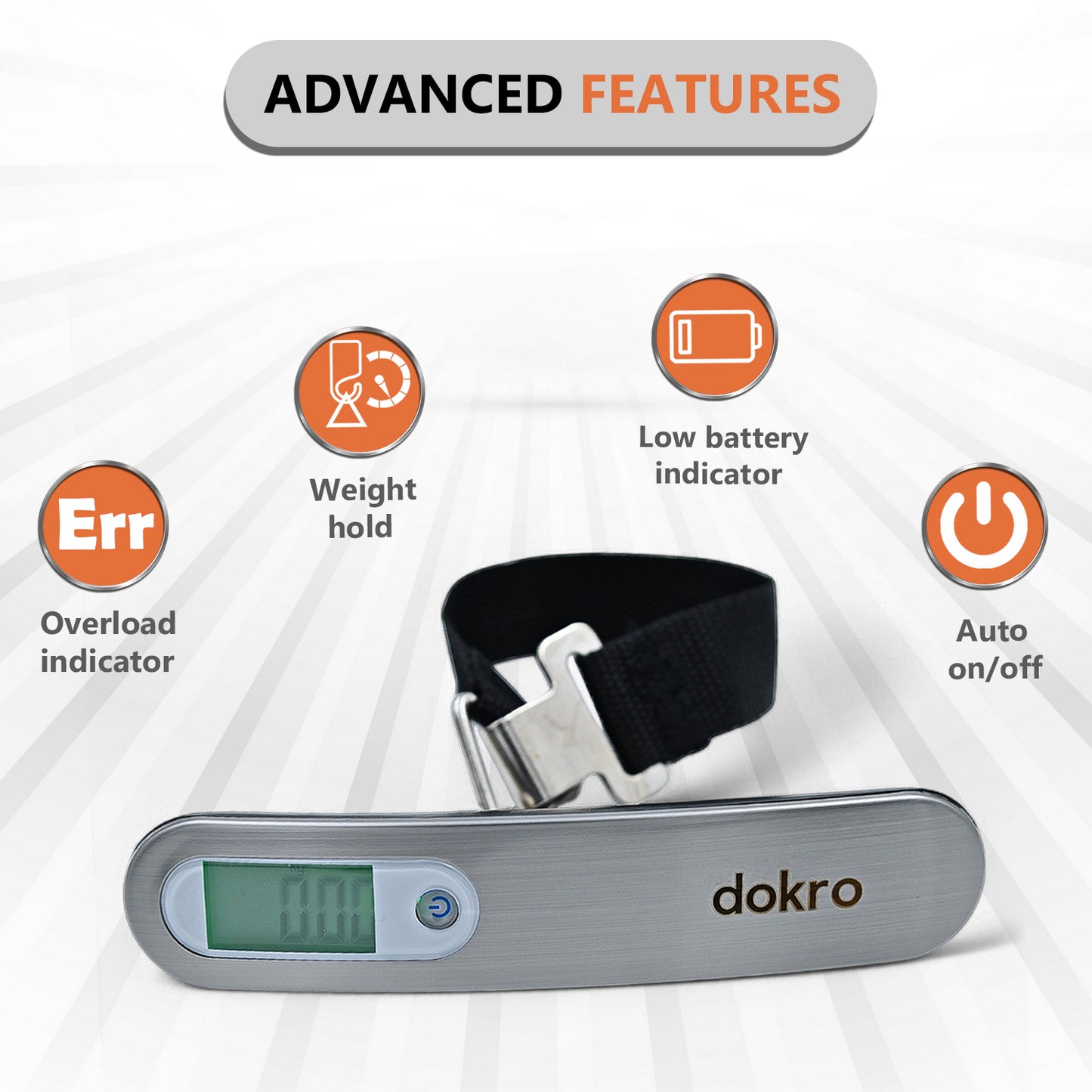Dokro Digital Weighing Scale for Luggage, Portable Luggage Weighing Scale with Capacity upto 50 kg | Luggage Scale for Home, Travel, Flights, Bags and Baggage | Steel Body (Silver)