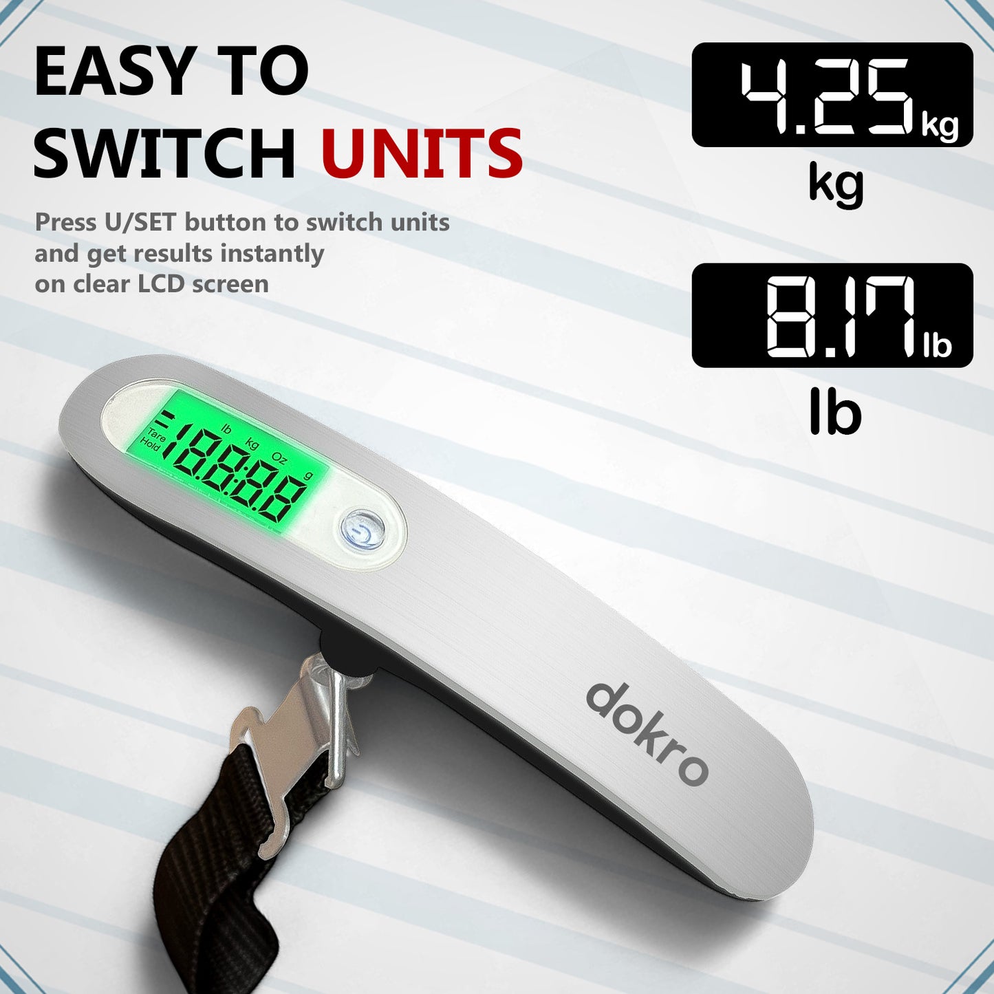 Dokro Digital Weighing Scale for Luggage, Portable Luggage Weighing Scale with Capacity upto 50 kg | Luggage Scale for Home, Travel, Flights, Bags and Baggage | Steel Body (Silver)