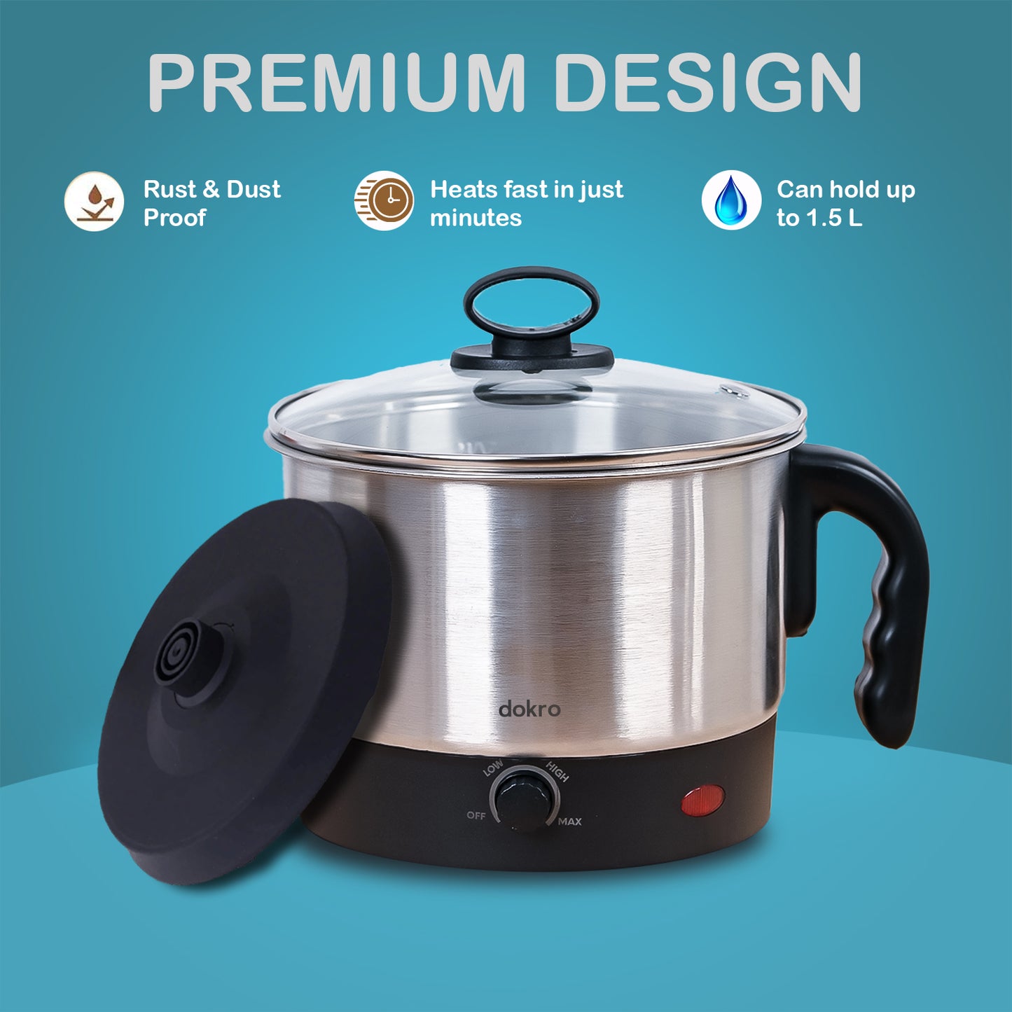 dokro Electric Multipurpose Kettle (1.2 Litres) for boiling Water, Eggs, Milk and making Tea, Coffee, Soup| Stainless Steel body with Automatic Shut-off | Includes egg tray
