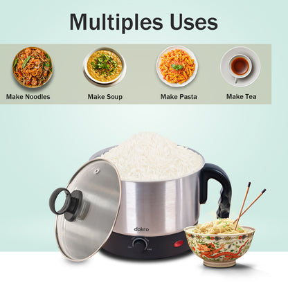 dokro Electric Multipurpose Kettle (1.2 Litres) for boiling Water, Eggs, Milk and making Tea, Coffee, Soup| Stainless Steel body with Automatic Shut-off | Includes egg tray
