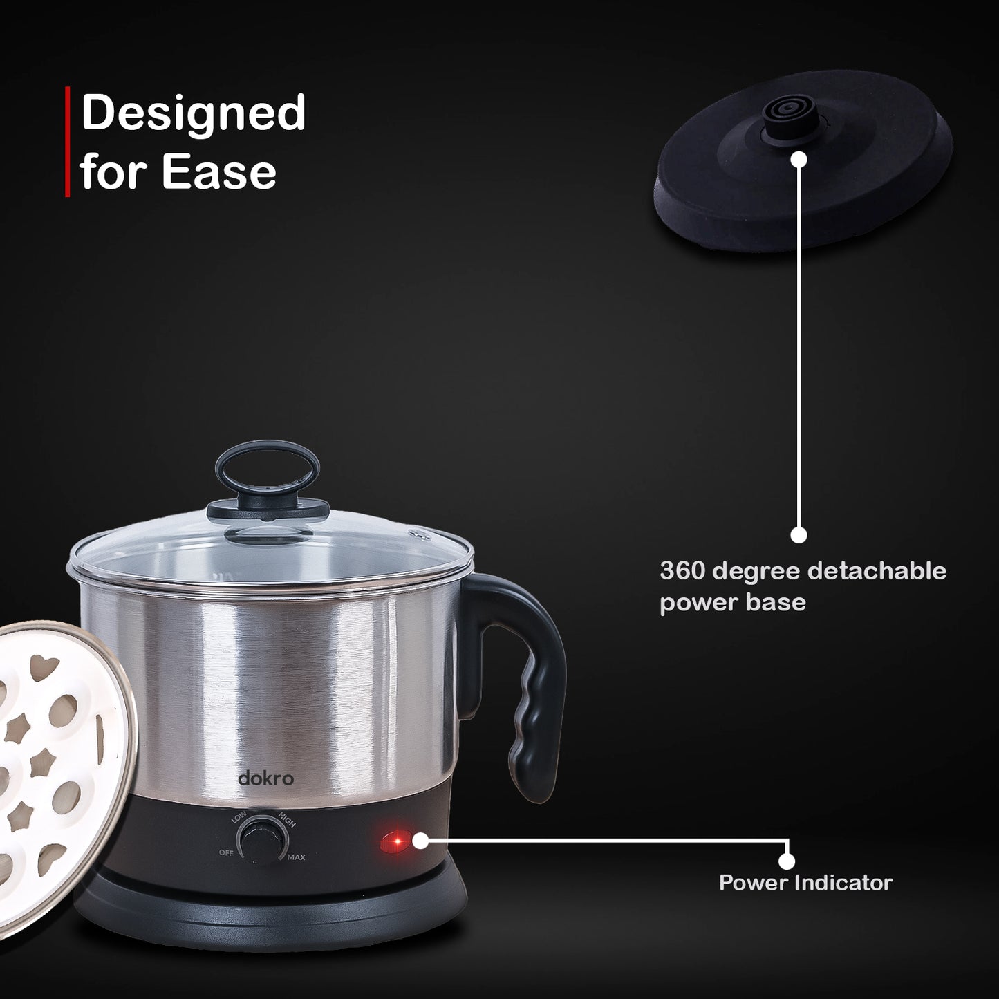 dokro Electric Multipurpose Kettle (1.2 Litres) for boiling Water, Eggs, Milk and making Tea, Coffee, Soup| Stainless Steel body with Automatic Shut-off | Includes egg tray
