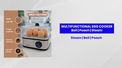Dokro Electric 2-in-1 Egg Boiler and Poacher| Boil 8 Eggs/Poach 4 Eggs | 3 Boiling Modes (Soft, Medium, Hard) | Stainless Steel Body & Heating Plate | Automatic Shut-Off | Transparent Lid, Silver Grey