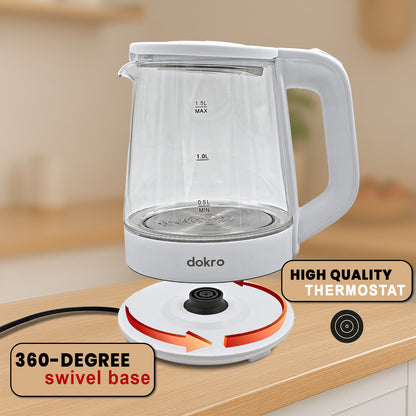 Dokro 1.8L Electric Glass Kettle  | Borosilicate Glass Body with Locking Lid, 360° Swivel Base, Concealed Element for fast heating, Auto Shut-Off, Shock & Rust Proof, cord free usage