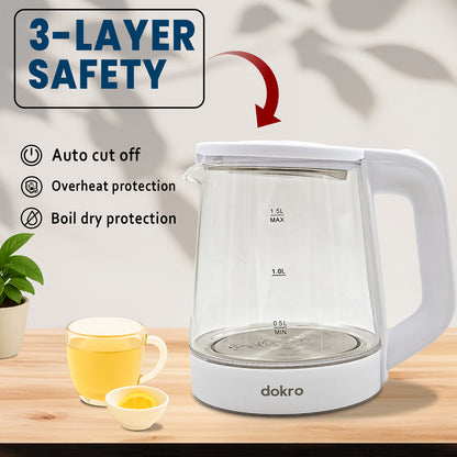 Dokro 1.8L Electric Glass Kettle  | Borosilicate Glass Body with Locking Lid, 360° Swivel Base, Concealed Element for fast heating, Auto Shut-Off, Shock & Rust Proof, cord free usage