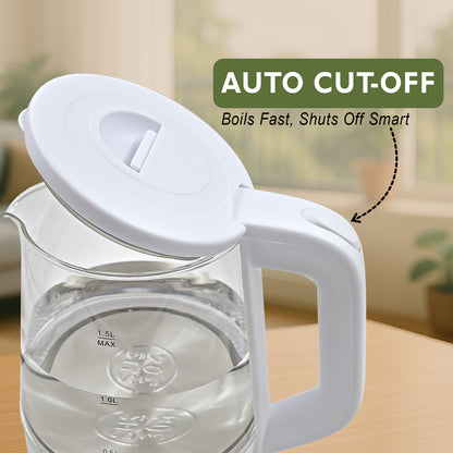 Dokro 1.8L Electric Glass Kettle  | Borosilicate Glass Body with Locking Lid, 360° Swivel Base, Concealed Element for fast heating, Auto Shut-Off, Shock & Rust Proof, cord free usage