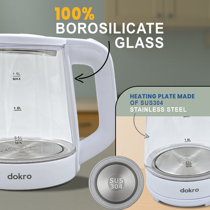 Dokro 1.8L Electric Glass Kettle  | Borosilicate Glass Body with Locking Lid, 360° Swivel Base, Concealed Element for fast heating, Auto Shut-Off, Shock & Rust Proof, cord free usage