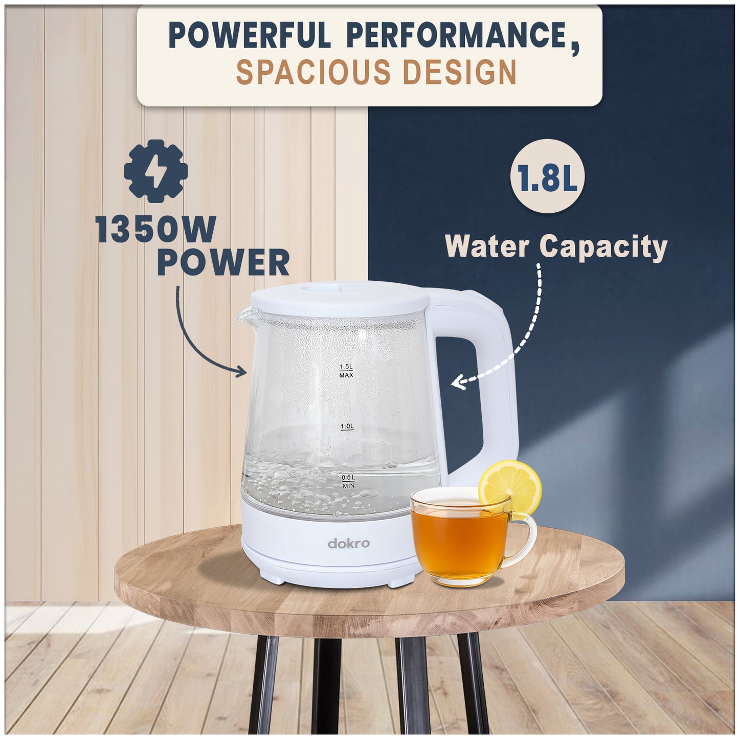 Dokro 1.8L Electric Glass Kettle  | Borosilicate Glass Body with Locking Lid, 360° Swivel Base, Concealed Element for fast heating, Auto Shut-Off, Shock & Rust Proof, cord free usage